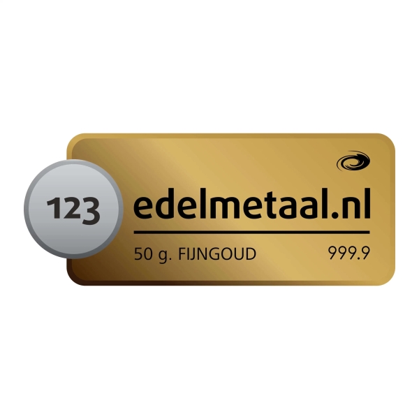 Goudbaar van 50 gram van div. edelmetaal smelters met een zuiverheid van 99